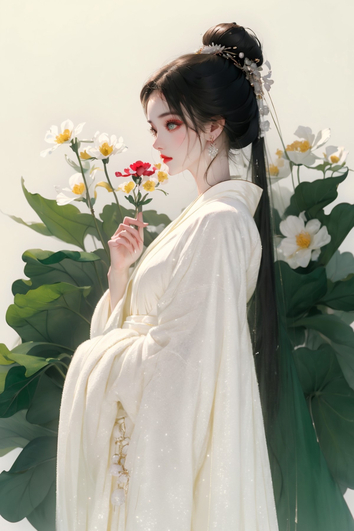 masterpiece, best quality, 8k, cinematic light, ultra high res, chinese painting, 1girl, solo, black eyes, flower, hair bu...
